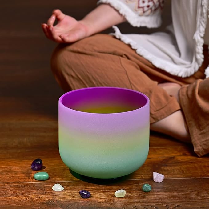 CVNC 440HZ 8 Inch Rainbow Colored B Note Crown Chakra Frosted Quartz Crystal Singing Bowl for Sound Healing and Meditation - Bloomnest
