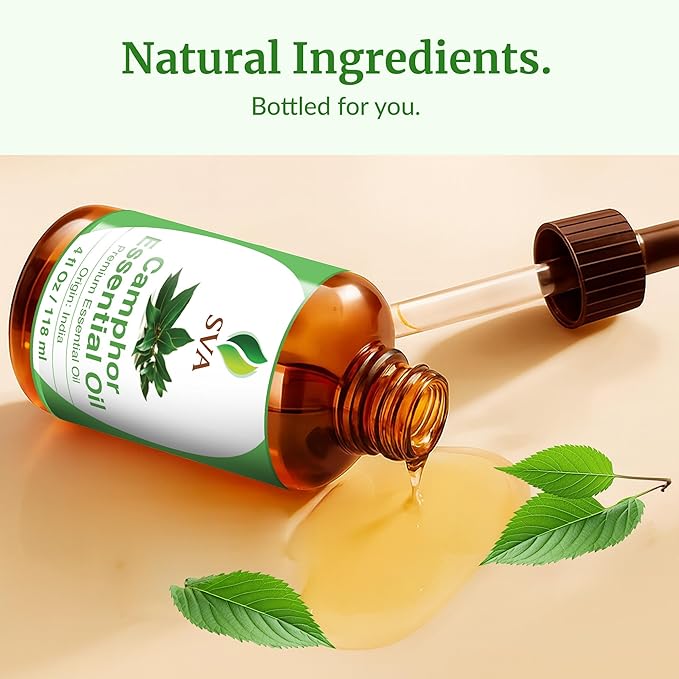 SVA Camphor Essential Oil – 4 Fl Oz – 100% Natural Camphor Oil - for Diffuser, Hair Care, Face, Skin Care, Aromatherapy, Scalp and Body Massage, Soap and Candle Making – with Dropper - Bloomnest