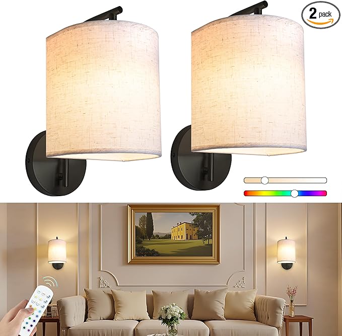 Rechargeable Battery Operated Wall Sconces Set of 2, Wireless Wall Lights with Remote Control 12 RGB Colors Magnetic Bulbs 5200mAh Battery Wireless Sconces for Bedroom Living Room (Black) - Bloomnest