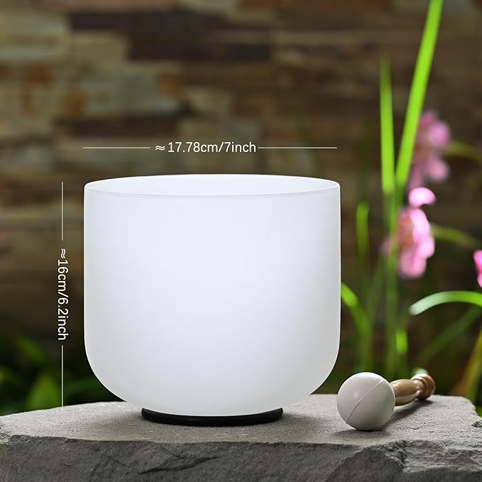 432HZ 7 Inch F Note Heart Chakra Frosted Quartz Crystal Singing Bowl Meditation Therapy Sound Healing Bowl with Mallet O-ring and White Carry Bag - Bloomnest