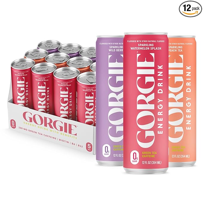 GORGIE Original Variety, Sugar-Free Natural Energy Drink Sparkling, Healthy Energy Drinks - Green Tea, Biotin, B Vitamins -150mg Caffeine, Vegan, & Low Calorie (Pack of 12) - Bloomnest