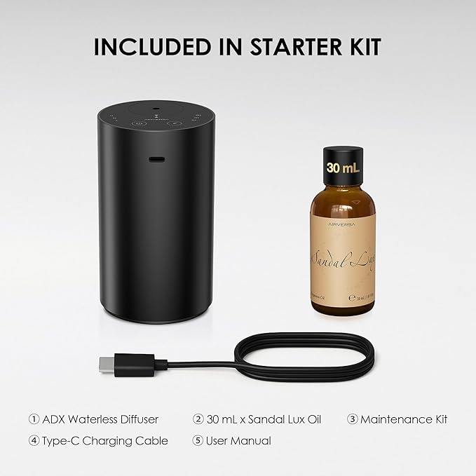 Airversa Waterless Essential Oil Diffuser Starter Kit with 30mL Sandal Lux Fragrance Oil for Car Home Office,Premium Aluminum Housing, Up to 600 sq ft, Aroma Nebulizer Baterry Operated, ADX Kit Black - Bloomnest