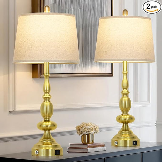 29" Modern Gold Table Lamps Set of 2, Industrial Touch Control 3-Way Dimmable Bedside Lamp with USB C+A Ports, Metal Farmhouse Nightstand Lamps for Living Room Bedroom End Tables(2 LED Bulbs Included) - Bloomnest