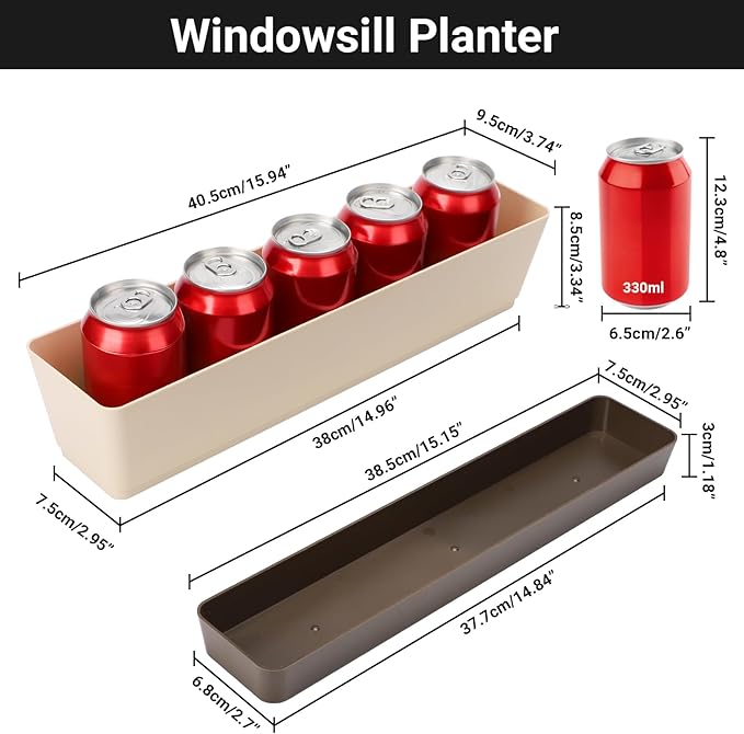 GREANER Indoor Windowsill Planter Boxes, 6 Pack 16 x3.8 Inch Rectangle Succulent Cactus Window Box with Tray, Modern Plastic Plant Pots for Porch, Patio, Garden Balcony, Home Office Outdoor Decoration - Bloomnest