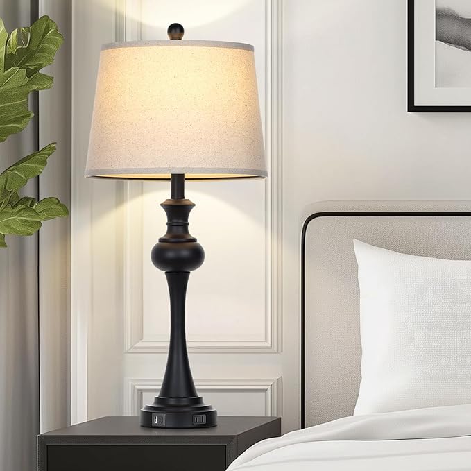 28.75" 3-Way Touch Control Modern Table Lamp Set of 2 for Living Room, Bedside Lamp with USB A+C Ports, Mid Century Black Table Lamps, Nightstand Lamps Set,Beige Fabric Shade Vintage Accent Style - Bloomnest