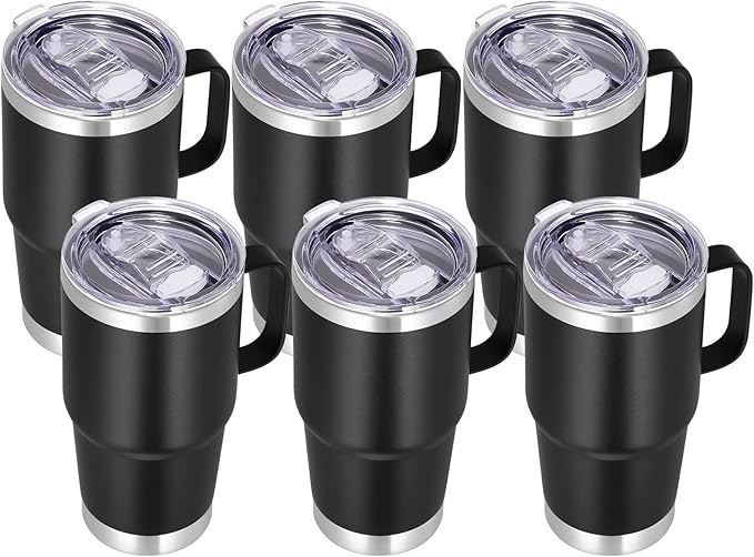 VEGOND 20 oz Tumbler Bulk with Handle Lid and Straw, Stainless Steel Insulated Travel Coffee Mug Set, Spill Proof Double Wall Metal Tumblers Cups, Black 6 Pack - Bloomnest