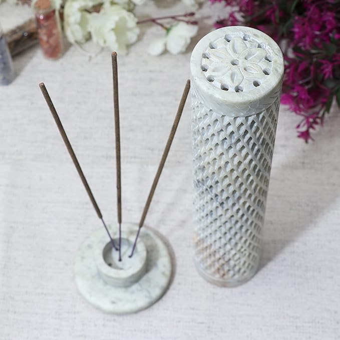 Crocon Handmade Incense Tower Candle Stick Holder Soapstone Tea Light Tower Burner | Candles Stand |Office Decor Room Fragrance Decorative Kitchen Home Spa Great Gift Set - 11X3X3 Inch