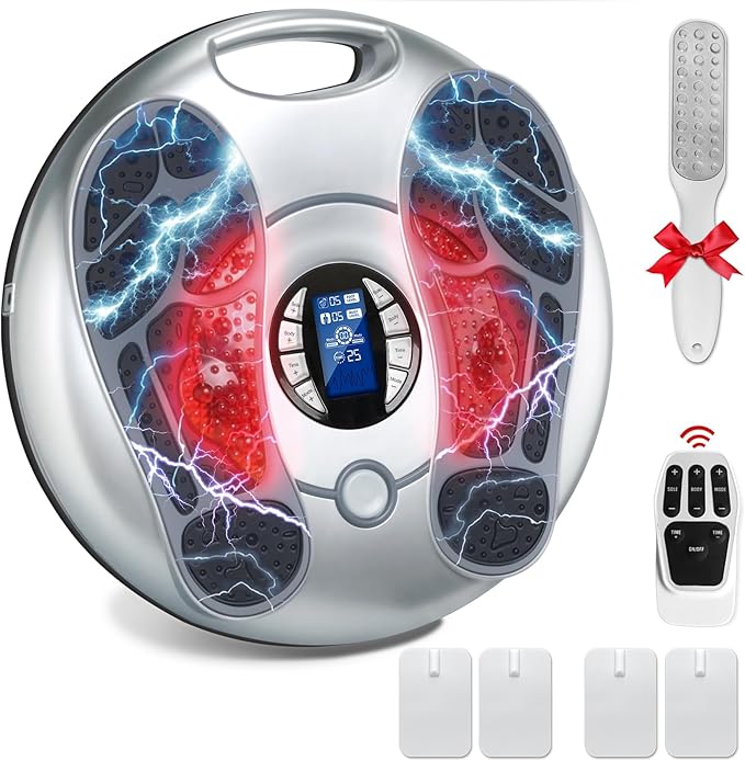 EMS Foot Massager for Neuropathy, TENS Electronic Muscle Circulation Stimulator with 4 Electrode Pads,Relieves Swelling, Fatigue, Plantar Fasciitis Silver - Bloomnest