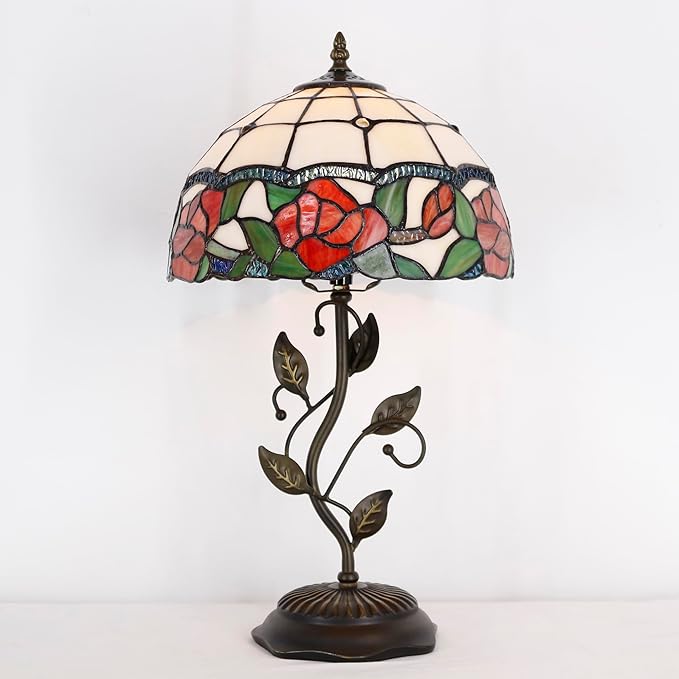 Tiffany Lamp Rose Flower Style Stained Glass Table Lamp Desk Bedside Reading Light 12X12X19 Inches with Metal Leaf Base Decor Bedroom Living Room - Bloomnest