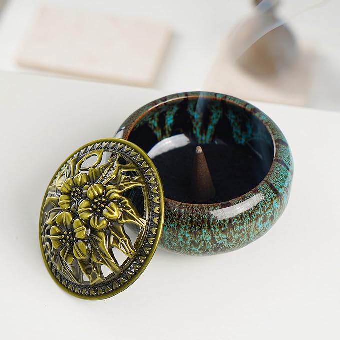 Incense Burner with Calabash Incense Stick Holder - Porcelain Charcoal Censer for Use with Resin Granular Powder Cone or Coil Incense (Kiln-Colored Blue) - Bloomnest