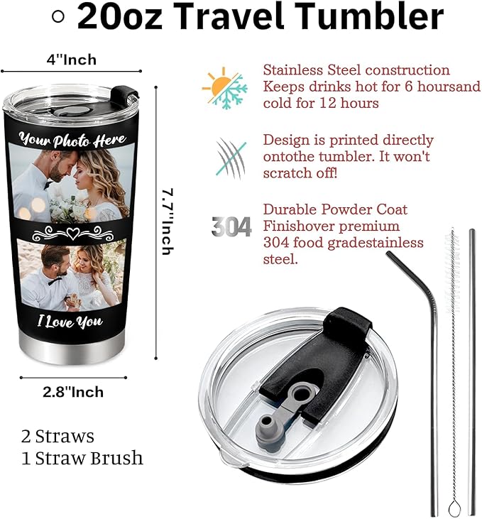 Personalized Tumbler with Pictures Text, Custom Photo Stainless Steel Coffee Tumbler, Coffee Travel Mug Cup 20 Oz Custom Gifts for Fathers Day Christmas Birthday for Dad Mom Kids - Bloomnest