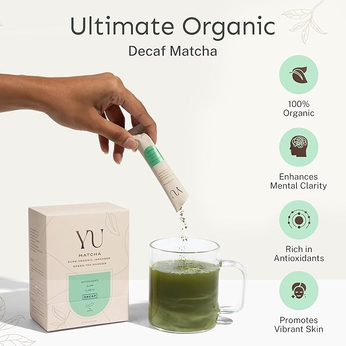 Yu Tea Organic Decaf Matcha Powder Ceremonial Grade, 30 Instant Packets | Rich in Antioxidants & L-Theanine, Low Caffeine | Unsweetened Grade A Japanese Green Tea Powder | Single Serve Sticks - Bloomnest