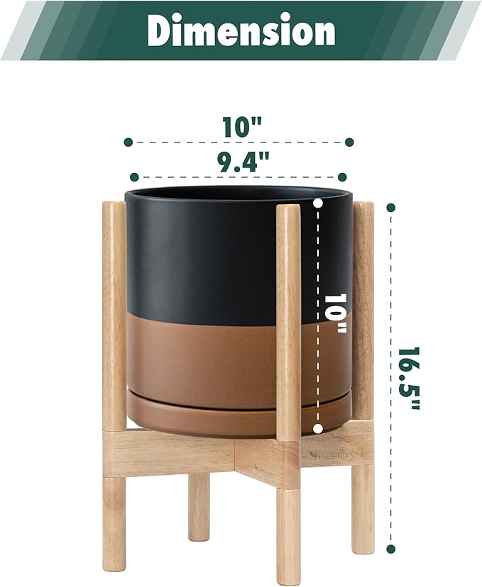 D'vine Dev Ceramic Planter with Natural Stand - 10 Inch Modern Round Flower Pot with Wood Planter Holder, Black/Speckled Tan, 55-B-K-7 - Bloomnest