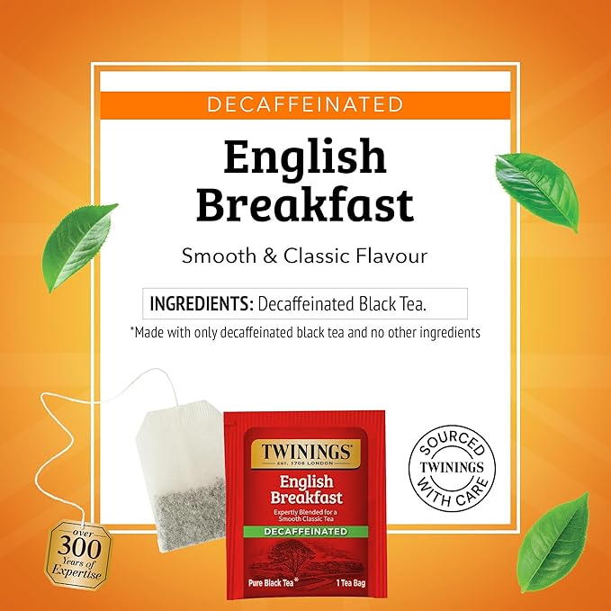 Twinings Decaffeinated English Breakfast Black Tea Individually Wrapped Bags, 100 Count (Pack of 1), Smooth, Flavourful Black Tea, Enjoy Hot or Iced, 100 Teabags - Bloomnest