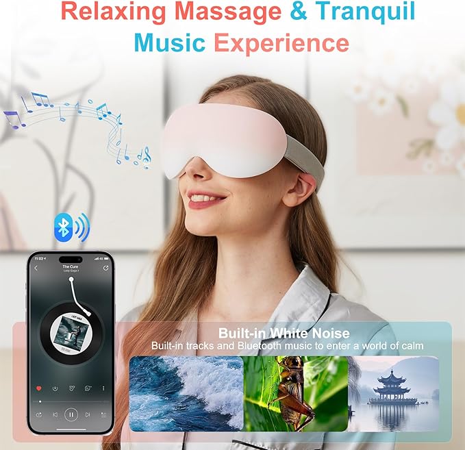 Eye Massager with Heat and Cooling for Migraines – 14 Massage Nodes for Eye Strain Relief, Rechargeable Bluetooth Music, Improve Sleep,Eye Strain Relief, Birthday Gifts for Women and Men(Pink) Bloomnest