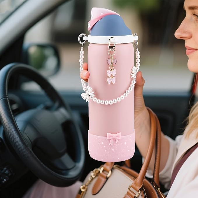 Water Bottle Accessories Set for Owala FreeSip 24oz、32 oz– Includes Pearl Handle Strap, Bow Charms,2.9in .3inch Silicone Bling Boot for Owala Accessories for Women Bloomnest