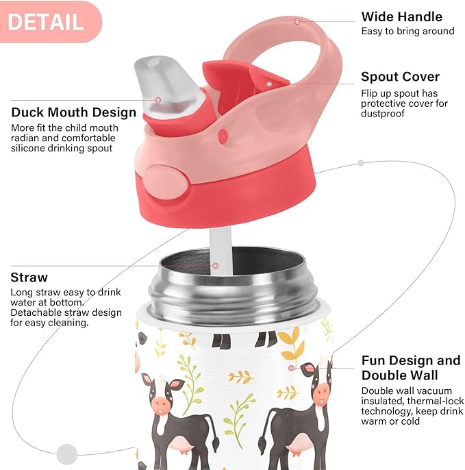 Cute Little Cow White Kids Insulated Water Bottle, Toddlers Tumbler Travel Cup with Straw & Handle Stainless Steel Cup for Travel School Girls 12 oz - Bloomnest