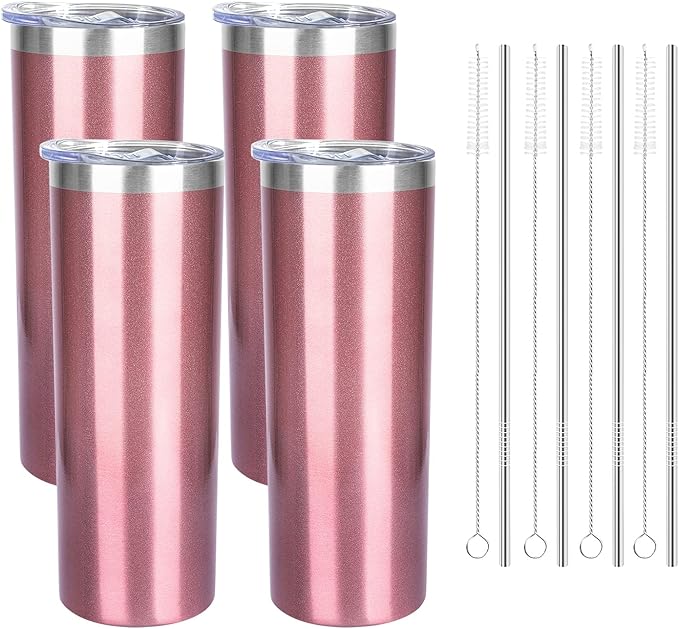 20 oz Skinny Tumblers with Lid and Straw,Stainless Steel Vacuum Insulated Tumbler Cup Double Wall Travel Coffee Mug, Thermal Water Tumbler for Hot and Cold Drinks(Rose Gold,4)