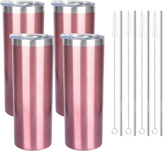 20 oz Skinny Tumblers with Lid and Straw,Stainless Steel Vacuum Insulated Tumbler Cup Double Wall Travel Coffee Mug, Thermal Water Tumbler for Hot and Cold Drinks(Rose Gold,4)
