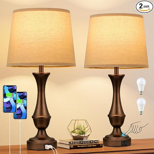Seealle Upgraded Touch Lamps for Night Stands Set of 2 - Bedside Lamps with USB C+A, 3 Way Dimmable for Bedroom Living Room End Tables Office(Brown) - Bloomnest