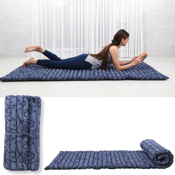 Leewadee - Foldable Floor Mattress - Japanese Roll Up Futon -Trifold Tatami Mat- Guest Floor Bed - Camping Mattress - Thai Massage Mat, Kapok Filled, 75 x 28 inches, Blue White - Bloomnest