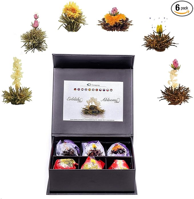 Creano Blooming Tea Mix 6pcs Set Flowering tea White Tea & Black Tea in Elegant Magnetic Box with Silver Embossing