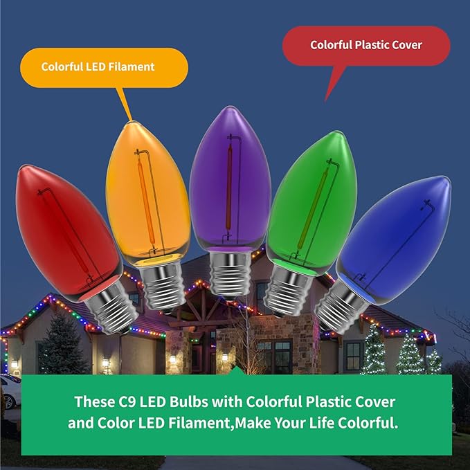 Meconard C9 Led Replacement Christmas Light Bulb, C9 Shatterproof Led Bulbs for Christmas Outdoor String Lights, E17 Intermediate Base, Commercial Grade Holiday Bulbs, Multi-Color, 25 Pack - Bloomnest