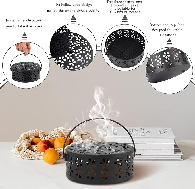 Portable Iron Mosquito Coil Holder with Handle Round Heat-Resistant Incense Holder for Home Office Camping (Black) - Bloomnest