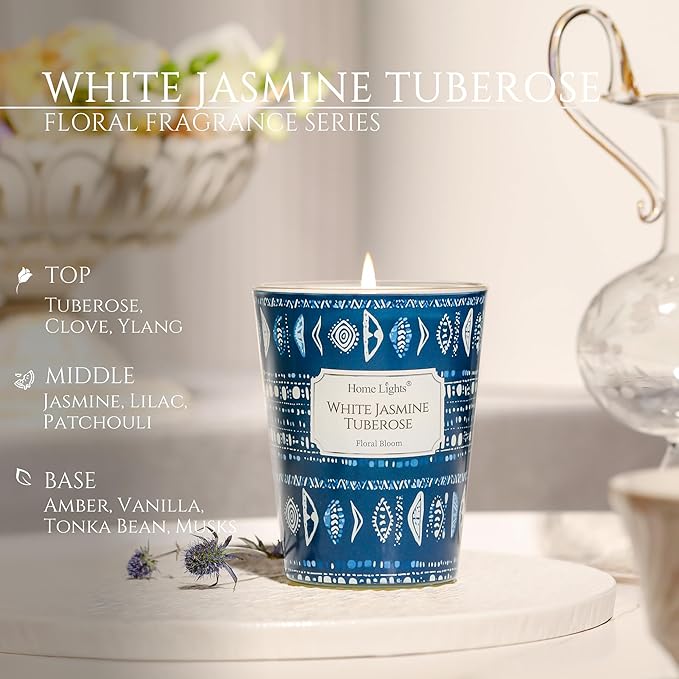 HomeLights Scented Candles for Women & Men, 6.7oz Candle Jars Aromatherapy Single Wick Candle, Ideal for Bohemian Natural Textures Home Decor and Gifts, White Jasmine Tuberose - Bloomnest