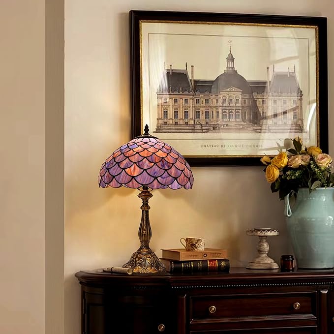 Tiffany Style Table Lamp Vintage Stained Glass Desk Lamp Deep Blue Purple Fish Scales Bedside Reading Light Decor Bedroom Living Room Home Office D12 xH18 - Bloomnest