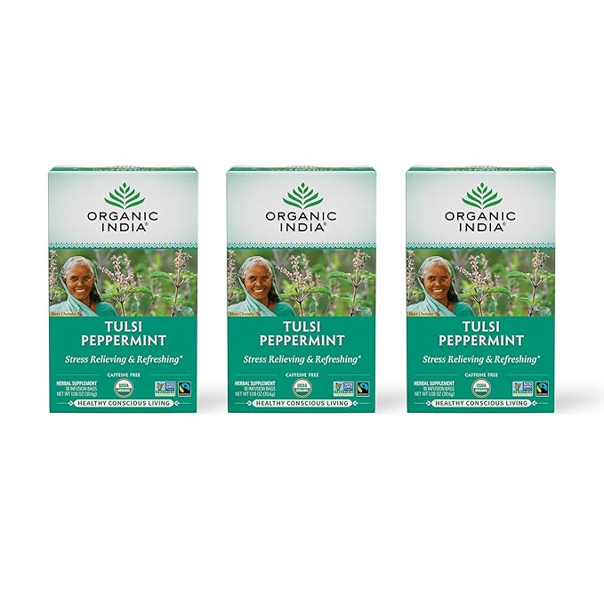 ORGANIC INDIA Tulsi Peppermint Tea - Caffeine Free Herbal Mint Tea - Stress Relieving Holy Basil, Immune & Digestion Support, Vegan, USDA Certified Organic, Fairtrade - 18 Infusion Bags, 3 Pack - Bloomnest
