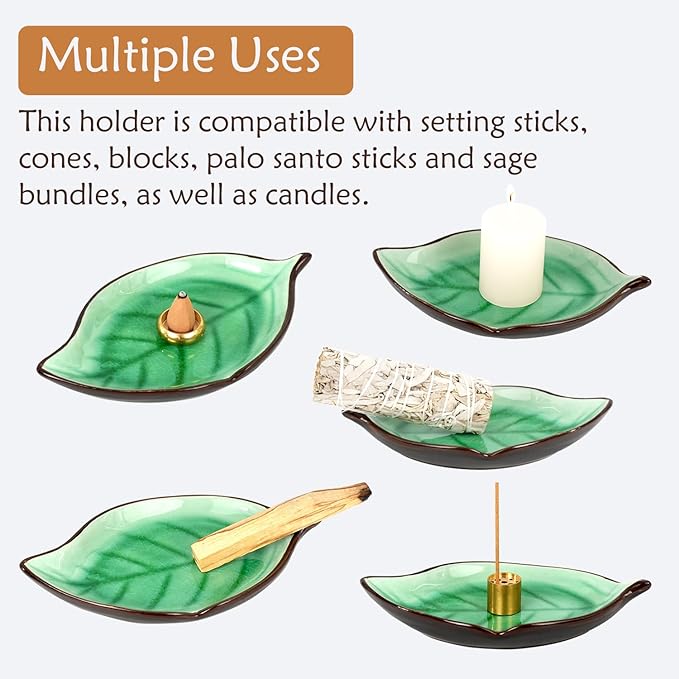 Incense Holder for Sticks (9 Holes) and Cones, Handmade Ceramic Incense Ash Catcher for Meditation, Yoga, SPA Days, Relaxing, Home Decor, Candle Holder, Easy to Clean, Leaf-Shape (Green) - Bloomnest