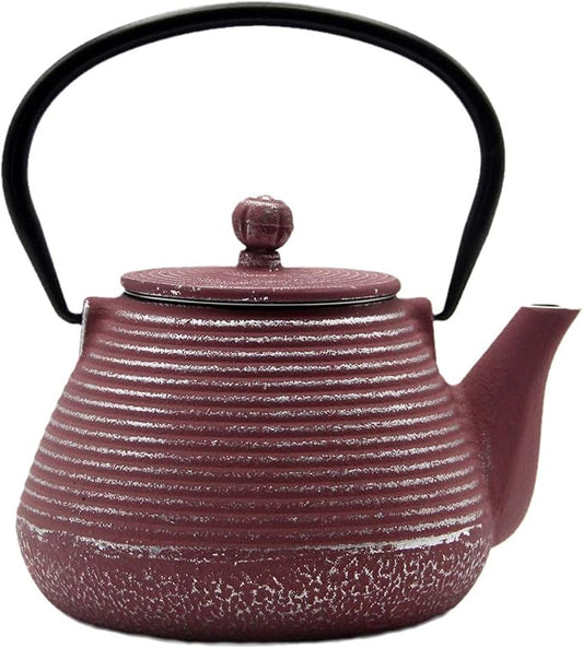 Cast Iron Teapot, 20.3oz Small Pink Pinstripe Pattern, Stainless Steel Infuser for Loose Tea, Enameled Interior, Stovetop Safe
