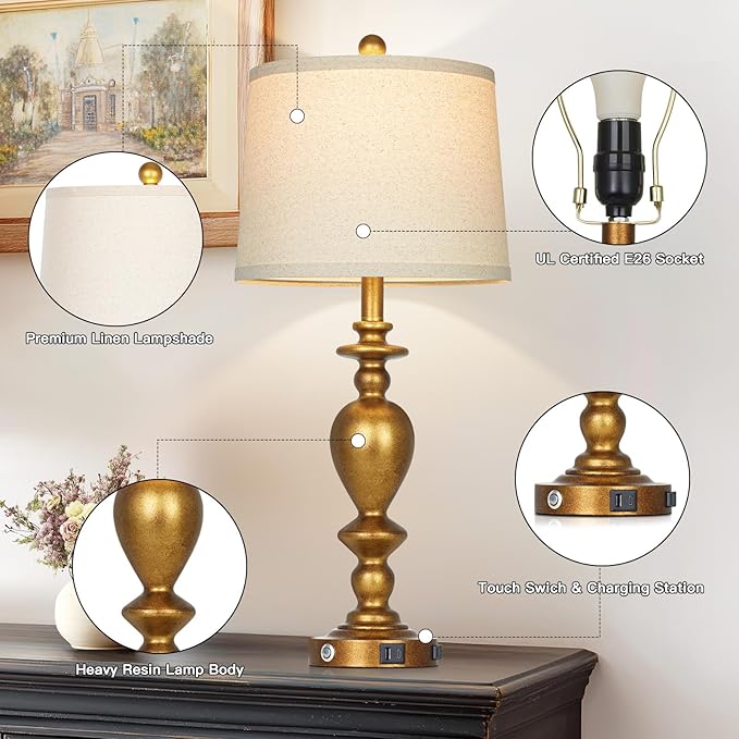 28" Farmhouse Table Lamps Set of 2 with USB C+A Ports & AC Outlet for Vintage Living Room Retro Bedroom,3-Way Dimmable Touch Lamp Resin Bedside Lamps for Nightstand Side End Table, Brass - Bloomnest
