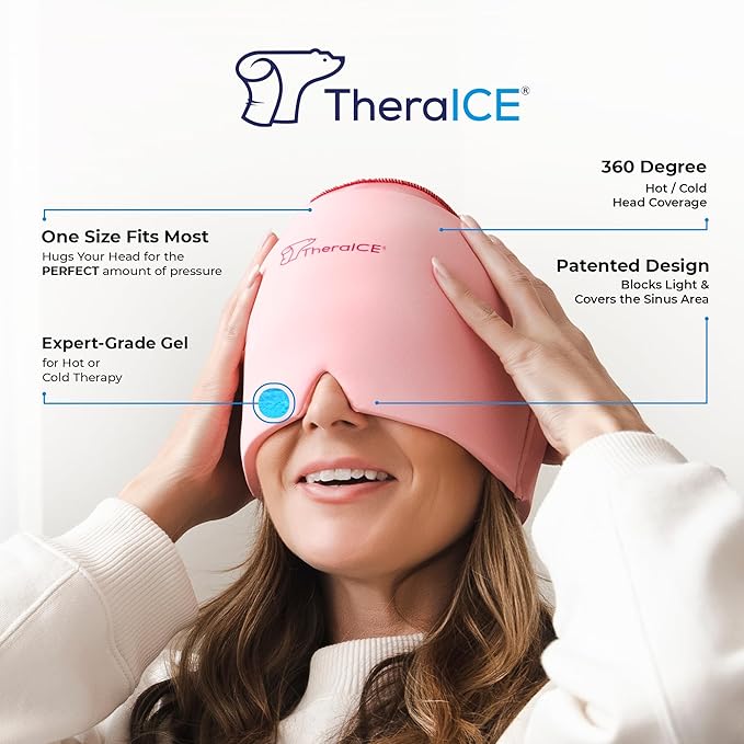 TheraICE Headache Relief Cap, Migraine Ice Pack Mask Products, Women Cooling Gel Hat, Face Cold Compress Head Wrap for Her Stress. Great Birthday Gift for Mom, Sister, Grandma, Girlfriend, & Teacher - Bloomnest