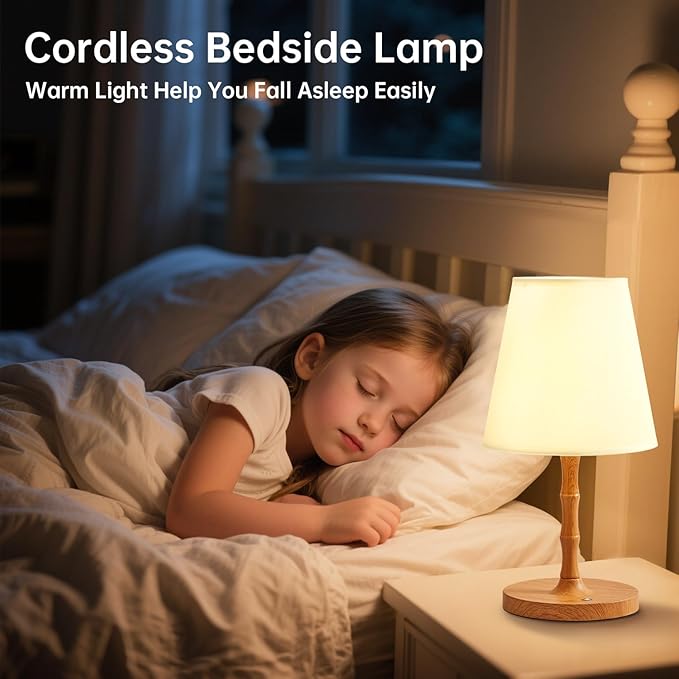 Table Lamp Bedside Desk Lamp,Cordless Rechargeable Battery Operated Lamps for Bedroom Night Stands,3 Colors Touch Dimmable Small Table Kitchen Lamps for Living Room,4000mAh LED (Fabric Shade) - Bloomnest