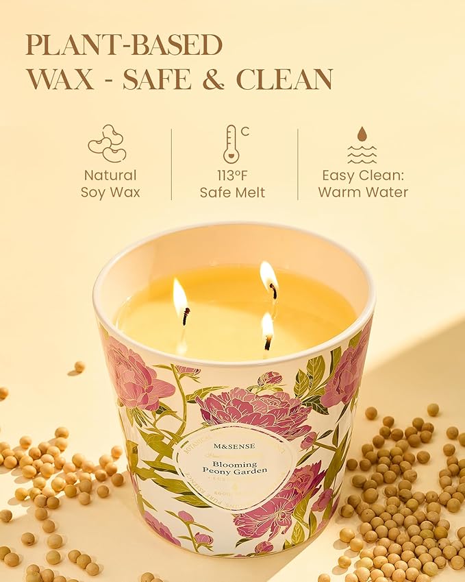 M&SENSE Blooming Peony Scented Candle, 28.2oz 3 Wick Natural Soy Wax Large Candles, Long Lasting Clean Slow Burning No Toxic Décor for Home Relaxation, Romantic Dates & Gift-Giving - Bloomnest