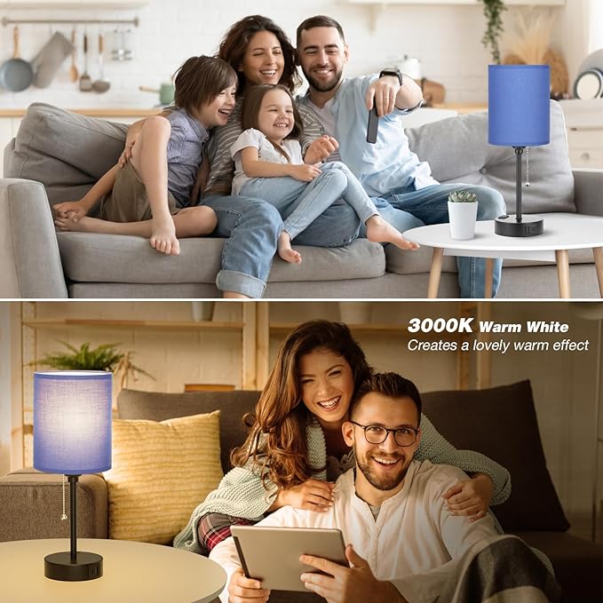 Blue Table Lamps 3 Color Temperatures - 3000K 4000K 5000K Bedside Lamps with USB C and A Ports, Pull Chain Lamps for Bedrooms with AC Outlet, Nightstand Lamps with Black Metal Base for Kids Boys - Bloomnest