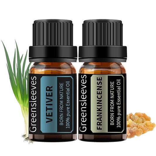GREENSLEEVES Frankincense Vetiver Essential Oil Set, 2 x 10ml Pure Plant-Based Fragrance Oil for Aromatherapy, Essential Oils for Diffuser, Massage, Bath Bomb, Scented Candle Soap Making GREENSLEEVES