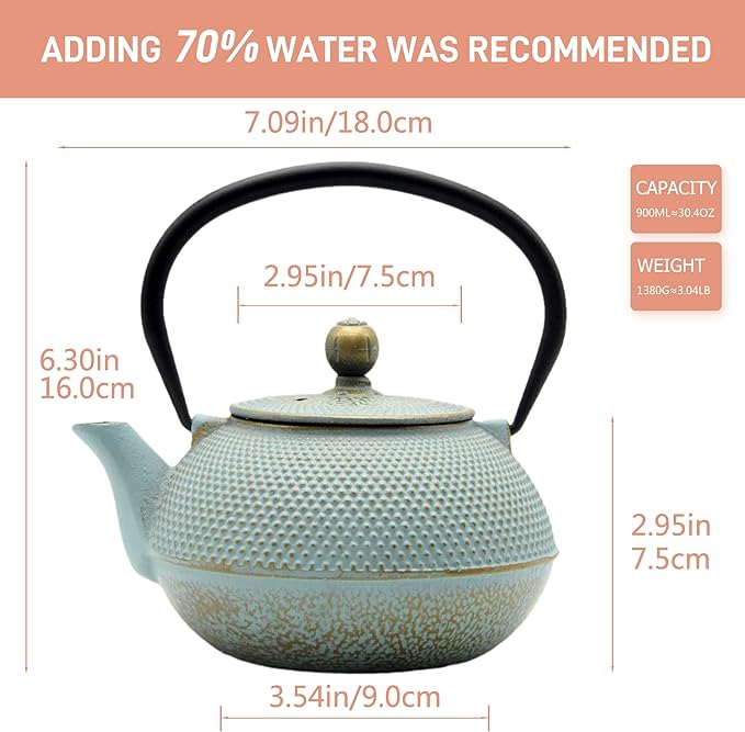 30.4oz Small Cast Iron Teapot, Tea Kettle for Stovetop Safe, Tea Pot with Stainless Steel Infuser for Loose Tea, Japanese Tetsubin Coated with Enameled Interior(900ml) - Bloomnest
