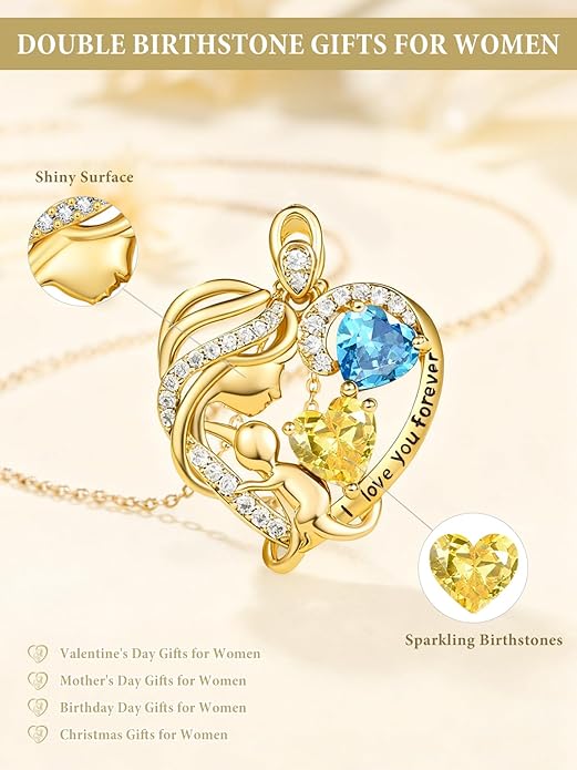 14K Gold Double Birthstone Heart Necklace for Women Mom, Mother Son/Daughter Pendant Necklace for Christmas Mother's Day Birthday Gifts for Wife Daughter Grandmom - Bloomnest