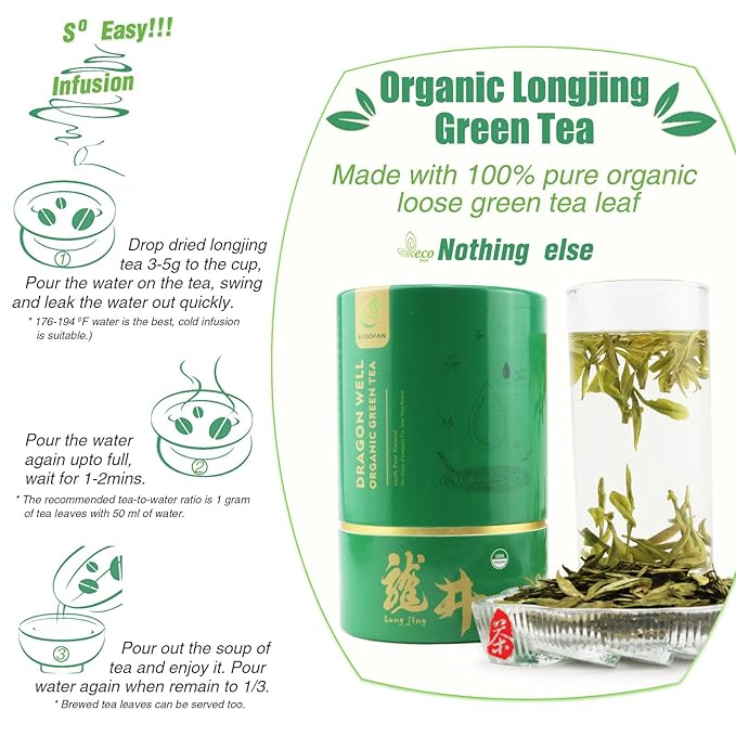 EFOOFAN USDA Certified Organic Longjing Green Tea Loose Leaf, 3oz, Buds Leaves Hand-Picked, Authentic Chinese Dragonwell Tea Origin, Premium and Edible Long Jing - Bloomnest