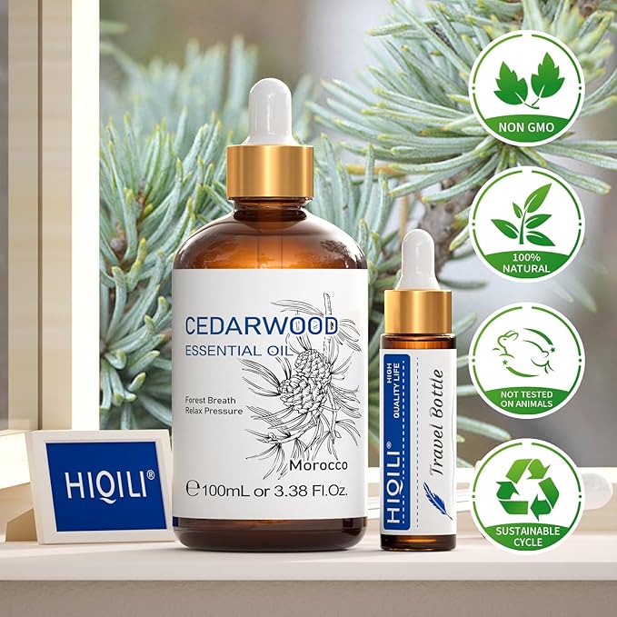 HIQILI Cedarwood Essential Oil (3.38 Fl Oz), 100% Natural Therapeutic Grade, Premium Glass Dropper, for Hair & Skin Care, Soap Making, Add to Diffusers, Sprays - Bloomnest