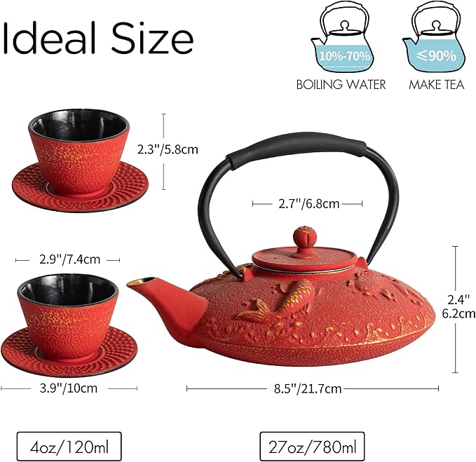Cast Iron Teapot Set with 2 Tea Cups, 7Pcs Japanese Tea Kettle with Stainless Steel Infuser, Tea Pot Coated with Enameled Interior, Fish Pattern, 27oz 780ml Red - Bloomnest