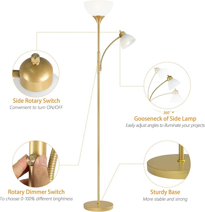 Floor Lamp, Standing lamp, Stepless Dimming Brightness, Included 9W and 5W LED Bulbs, Lamp for Living Room, Bedroom, Office, Reading - Bloomnest