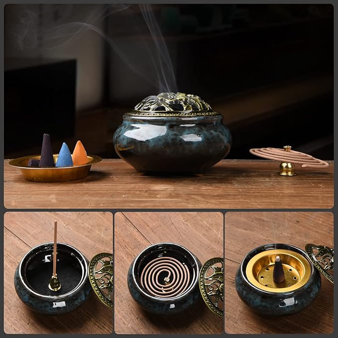 Ceramic Incense Burner with Incense Holder+Spacer Layer+Fireproof Cotton,Handmade Smudging Burn Bowl for Stick or Coil Incense,Sage Cones and Frankincense (Dark Blue) - Bloomnest