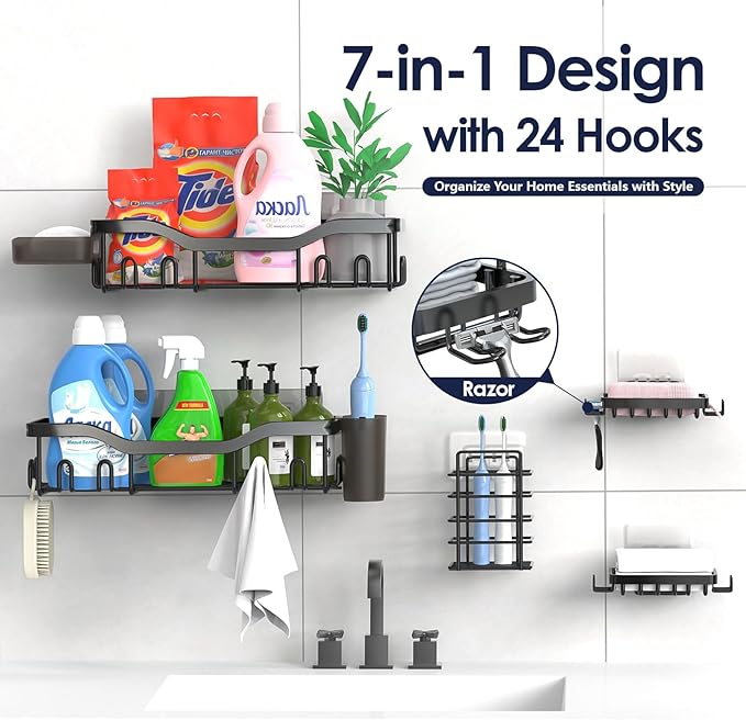 Shower Caddy Adhesive Shower Organizer 7-Pack, Rustproof Stainless Steel Bathroom Shelves, Large Capacity No-Drill Rack Storage Accessories with Soap Dish Toothbrush Holder &24 Hooks Home Decor - Bloomnest