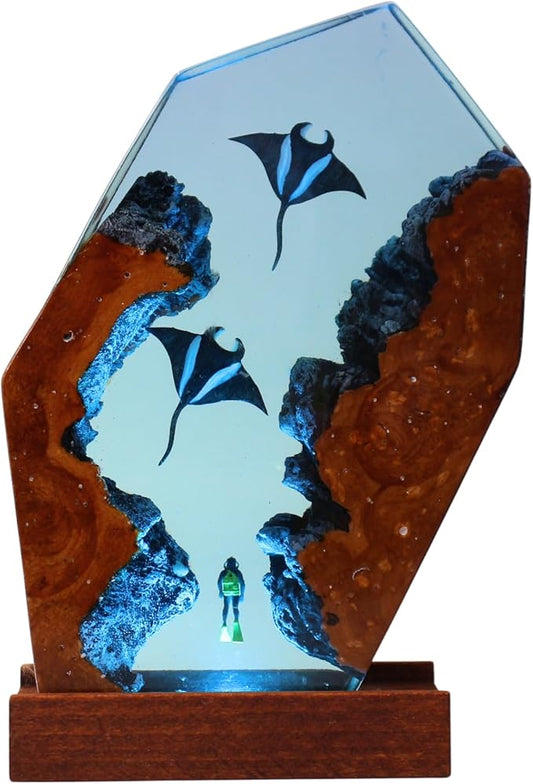 Handmade 3D Ocean Resin Lamp, Epoxy Ocean Night Light with Wooden Base, LED Color Changing Table Lamp, USB Powered Dragons Decor, Unique Ocean Gift for Bedroom & Home Office (Manta Ray) - Bloomnest
