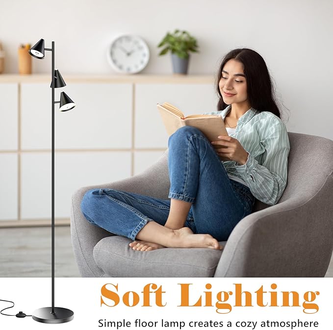 Tree Floor Lamp with Remote, Dimmable 3 Rotatable LED Lights, 5 Color Temperatures, 63" Modern Standing Lamp for Living Room, Bedroom, Office Reading Light - Bloomnest