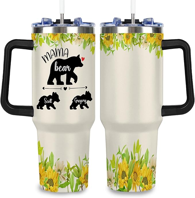 Personalized Mama Bear Tumbler with Kids' Names, Custom 40oz Tumblers with Handle and Straw Lid, Mothers Day Birthday Gifts From Daughter Son, Stainless Steel Travel Coffee Mug, Gifts for Christmas - Bloomnest